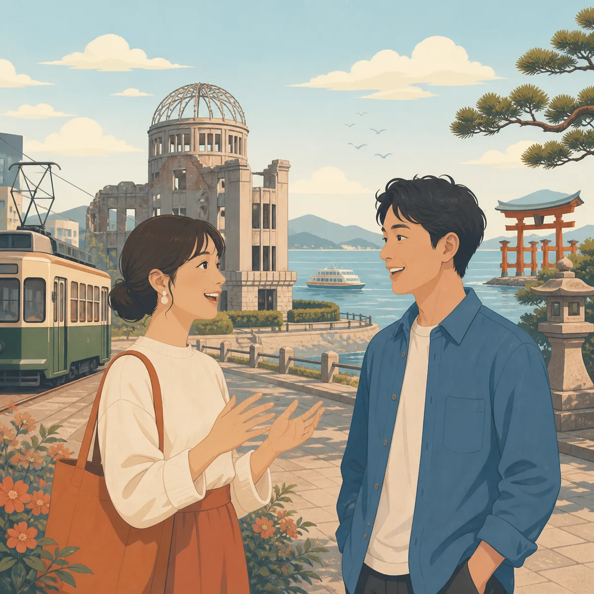 広島の街並みを背景に会話する二人を描いた広島弁変換ツールの編集イラスト