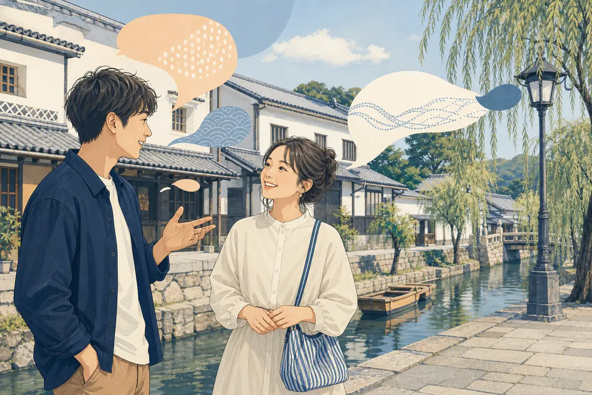 倉敷の町並みを背景に岡山弁で会話する二人の編集イラスト